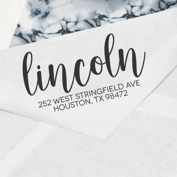 Cursive Custom Return Address Stamp, Personalized Return Address Stamp "Lincoln"