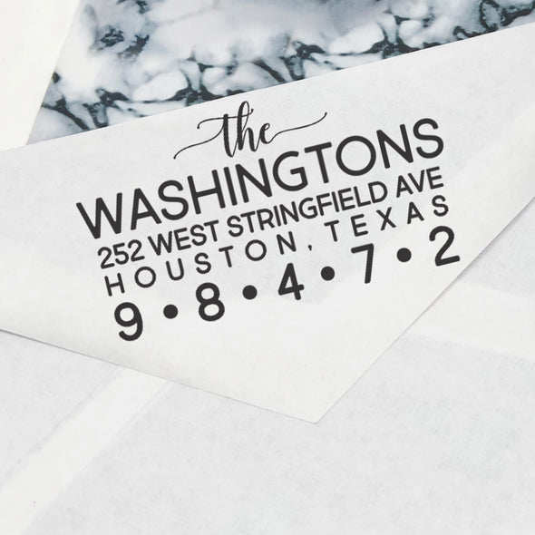 All Caps Custom Return Address Stamp, Personalized Return Address Stamp, Family Name Return Address Stamp "The Washingtons"