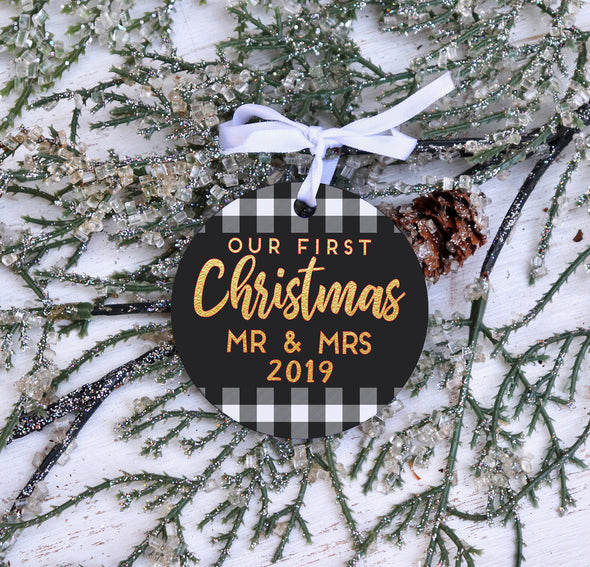 Buffalo Check First Christmas Married Christmas Ornament