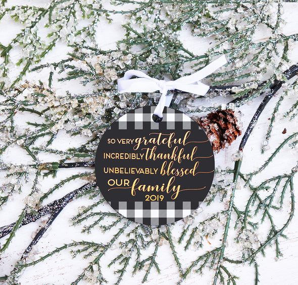 Grateful Thankful Blessed Family Christmas Ornament,  Buffalo Check Christmas Ornament