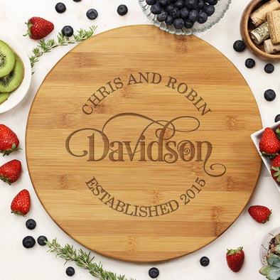 Swirly Design Round Custom Cutting Board Family Name