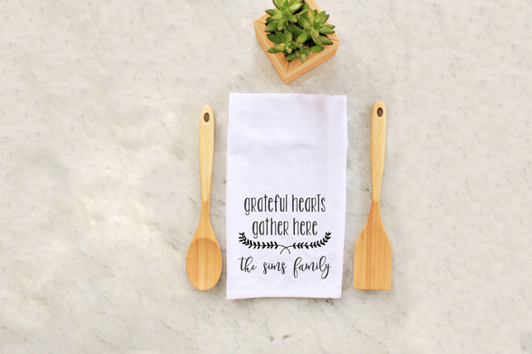 Tea Towel - "Grateful Hearts Gather Here"