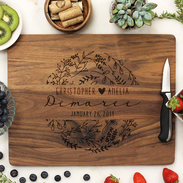 Custom Floral Cutting Board, Personalized Engraved Cutting Board, Custom Cutting Board "Christopher & Amelia Demaree"