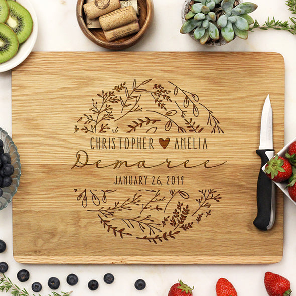 Custom Floral Cutting Board, Personalized Engraved Cutting Board, Custom Cutting Board "Christopher & Amelia Demaree"