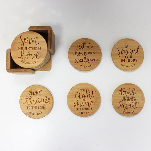 Engraved Bamboo Coaster Set "Bible Verse Calligraphy"