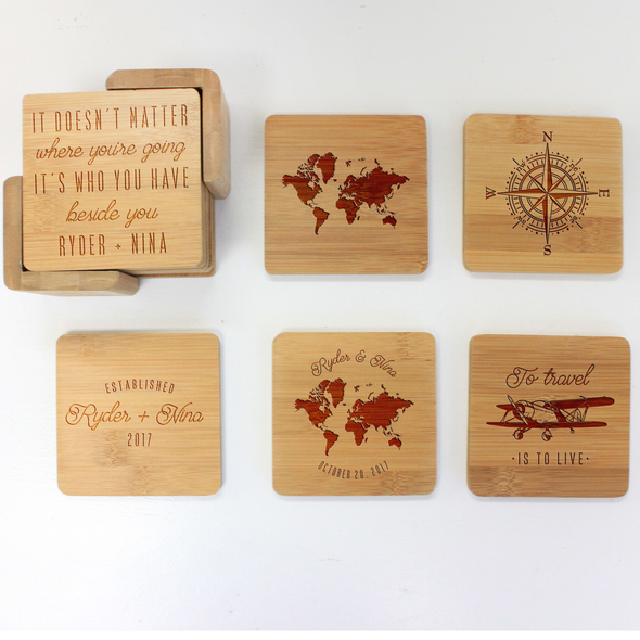 Engraved Bamboo Coaster Set "To Travel Is To Live"