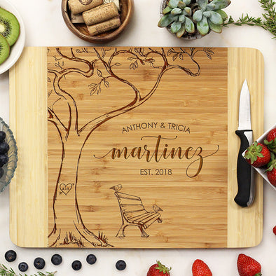 Custom Cutting Board with Tree & Bench, Personalized Wedding Gift, Anthony & Tricia Martinez