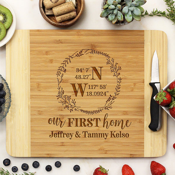 Custom Our First Home Cutting Board, Cutting Board with Home Coordinates, Our First Home, Personalized Cutting Board "Jeffrey & Tammy Kelso"