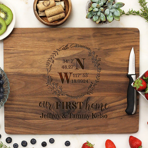 Custom Our First Home Cutting Board, Cutting Board with Home Coordinates, Our First Home, Personalized Cutting Board "Jeffrey & Tammy Kelso"