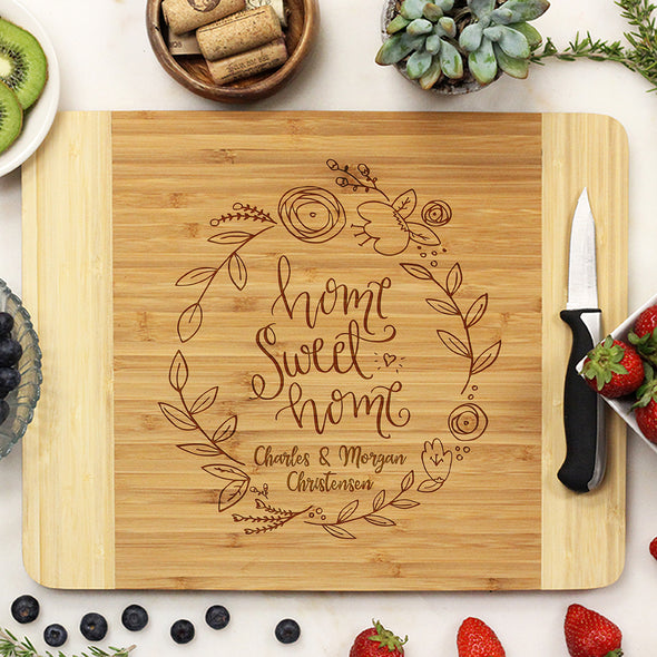 Flower Wreath Custom Cutting Board, Home Sweet Home, Custom Engraved Cutting Board, Personalized Cutting Board "Charles *& Morgan Christensen"