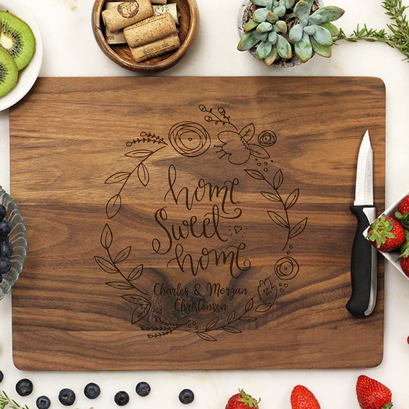 Flower Wreath Custom Cutting Board, Home Sweet Home, Custom Engraved Cutting Board, Personalized Cutting Board "Charles *& Morgan Christensen"