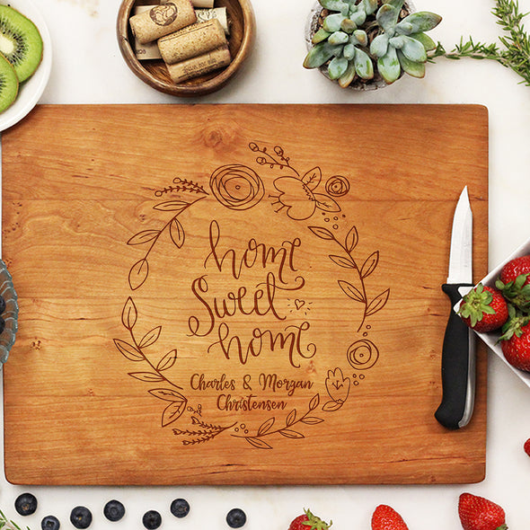 Flower Wreath Custom Cutting Board, Home Sweet Home, Custom Engraved Cutting Board, Personalized Cutting Board "Charles *& Morgan Christensen"