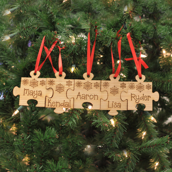 Personalized Engraved Wood Ornament - "Family Name Puzzle"