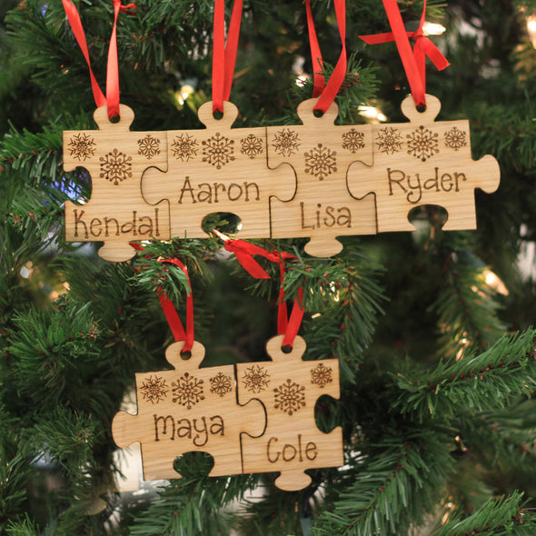 Personalized Engraved Wood Ornament - "Family Name Puzzle"