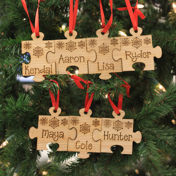 Personalized Engraved Wood Ornament - "Family Name Puzzle"