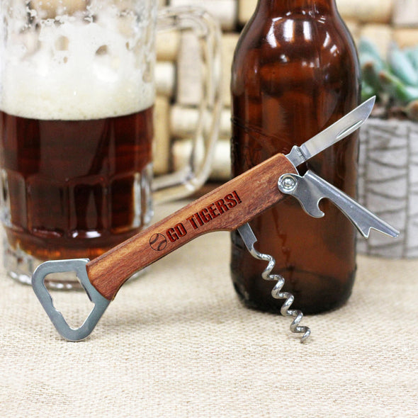 Personalized Engraved Wood Bottle Opener - "Baseball Go Tigers"