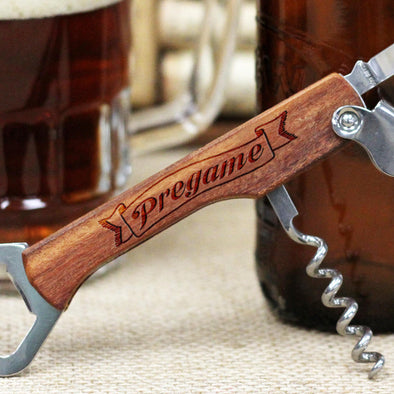 Personalized Engraved Wood Bottle Opener - "Pregame Banner"