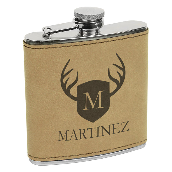 Martinez Deer Antler Flask, Shield & Antler Flask, Last Name Custom Flask, Personalized Flask