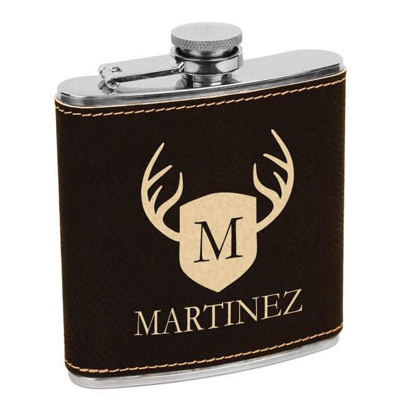 Martinez Deer Antler Flask, Shield & Antler Flask, Last Name Custom Flask, Personalized Flask