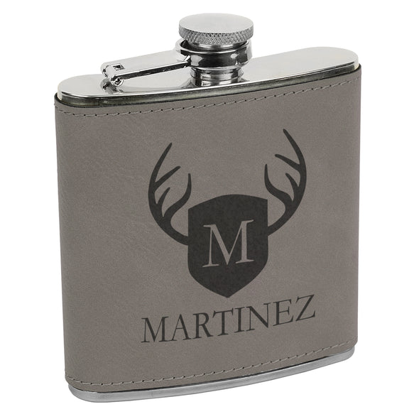 Martinez Deer Antler Flask, Shield & Antler Flask, Last Name Custom Flask, Personalized Flask