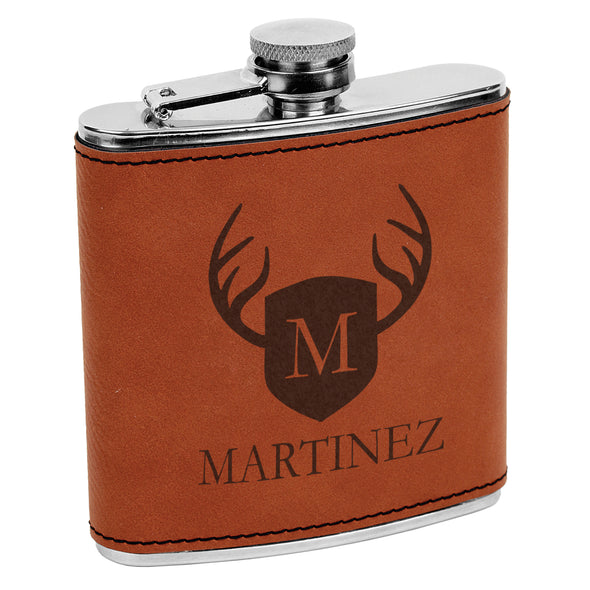 Martinez Deer Antler Flask, Shield & Antler Flask, Last Name Custom Flask, Personalized Flask