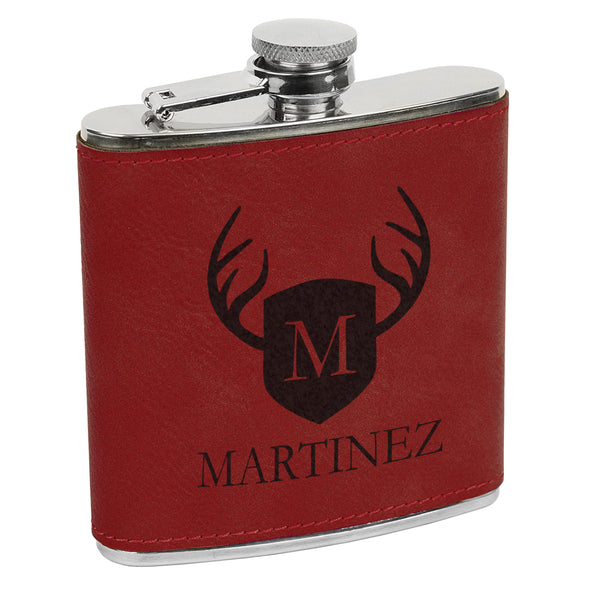 Martinez Deer Antler Flask, Shield & Antler Flask, Last Name Custom Flask, Personalized Flask