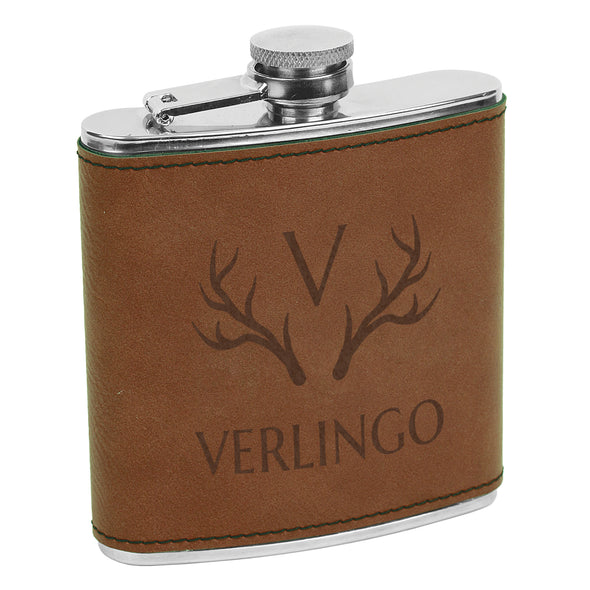 Antlers & Initial, Custom Engraved Flask with Last name, Custom Flask, Personalized Flask