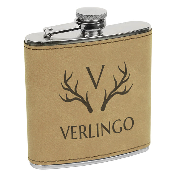 Antlers & Initial, Custom Engraved Flask with Last name, Custom Flask, Personalized Flask