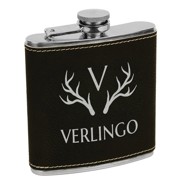 Antlers & Initial, Custom Engraved Flask with Last name, Custom Flask, Personalized Flask