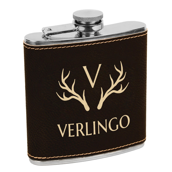 Antlers & Initial, Custom Engraved Flask with Last name, Custom Flask, Personalized Flask