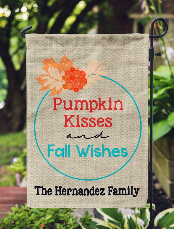 Fall Garden Flag,  Pumpkin Kisses and Fall Wishes, Custom Garden Flag for Fall, Personalized Fall Flag