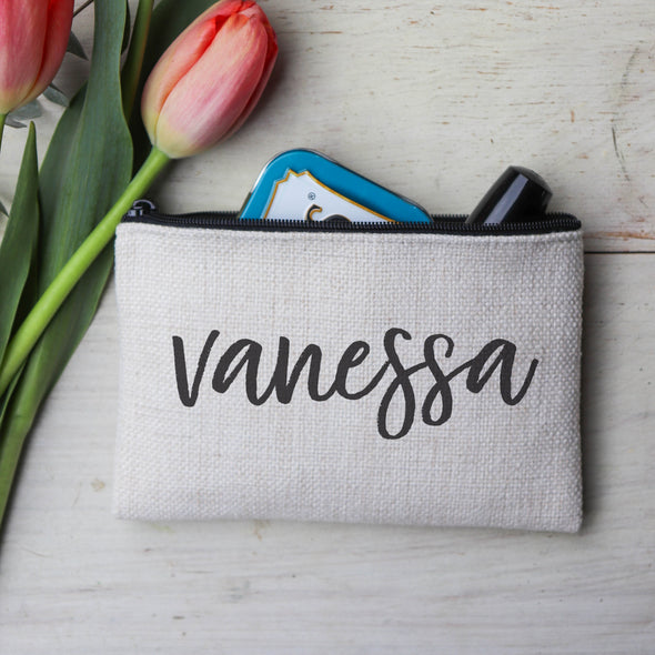 Personalized Makeup Bag, Custom Coin Purse, Linen Zipper Bag 