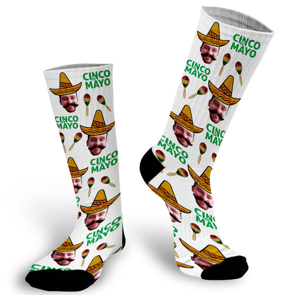 cinco de mayo, photo sock, photo socks, custom photo socks, face sock, face socks, holiday socks, holiday, funny socks, picture on sock, sombrero, maracas, mustache, gag gift, stocking stuffer