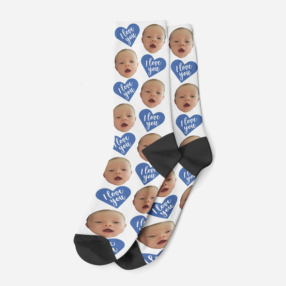 I Love You Blue Heart Valentine's Day Face Socks, Valentines Day Picture Socks, Heart Face Socks, Custom Face Socks, Photo Socks