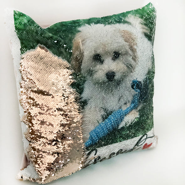 Reversible Sequin Photo Pillowcase , Rose Gold Sequin Pillowcase, Reversible Pillowcase with Pet Photo