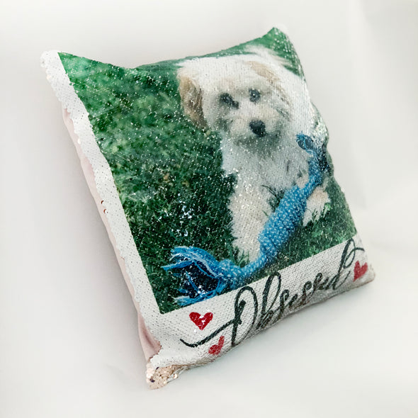 Reversible Sequin Photo Pillowcase , Rose Gold Sequin Pillowcase, Reversible Pillowcase with Pet Photo