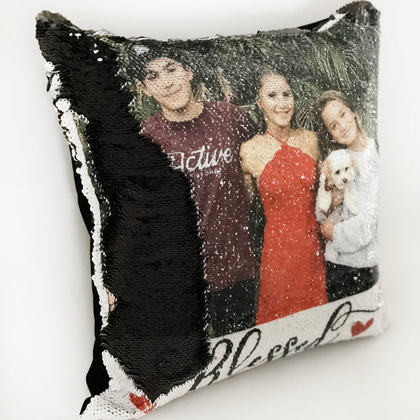 Reversible Sequin Photo Pillowcase, Rose Gold Sequin Pillowcase, Reversible Pillowcase with Family Photo