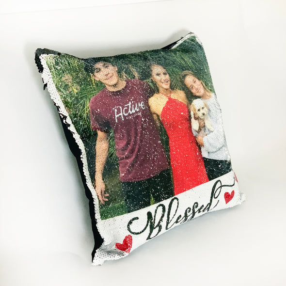 Reversible Sequin Photo Pillowcase, Rose Gold Sequin Pillowcase, Reversible Pillowcase with Family Photo