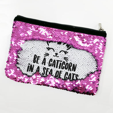 Reversible Sequin Makeup/Pencil Bag, Personalized Sequin Bag "Be a Caticorn"