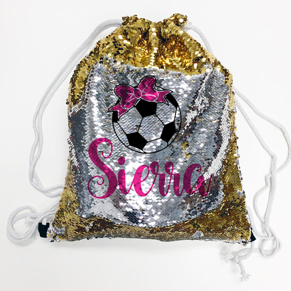 Reversible Sequin Drawstring Bag, Personalized Sequin Bag "Sierra Soccer"